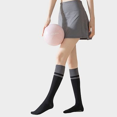 Women's 2-Pack Knee High Grip Socks with Ribbed Texture and Anti-Slip Soles for Studio Workouts