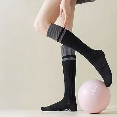 Women's 2-Pack Knee High Grip Socks with Ribbed Texture and Anti-Slip Soles for Studio Workouts