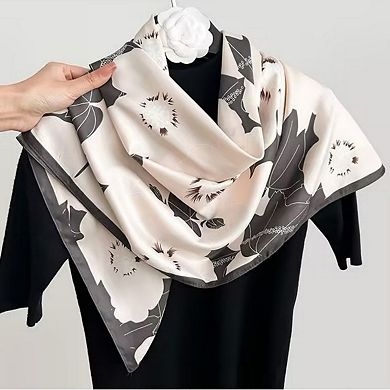 Women's Square Floral Print Satin Scarf with Bold Leaf Pattern and Smooth Silky Finish
