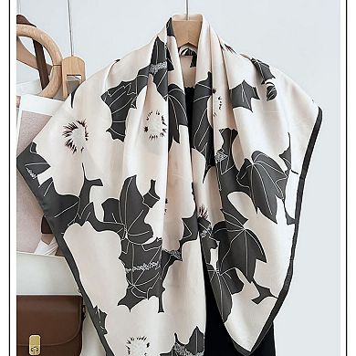 Women's Square Floral Print Satin Scarf with Bold Leaf Pattern and Smooth Silky Finish