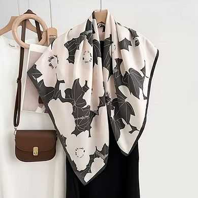 Women's Square Floral Print Satin Scarf with Bold Leaf Pattern and Smooth Silky Finish