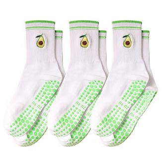 Women's 3-Pack Cotton Crew Socks with Non-Slip Grip and Embroidered Fruit and Animal Designs