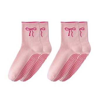 Women's 2-Pack Non-Slip Grip Socks with Bow Embroidery and Anti-Skid Dot Soles