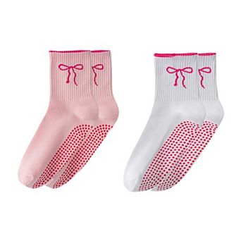 Women's 2-Pack Non-Slip Grip Socks with Bow Embroidery and Anti-Skid Dot Soles