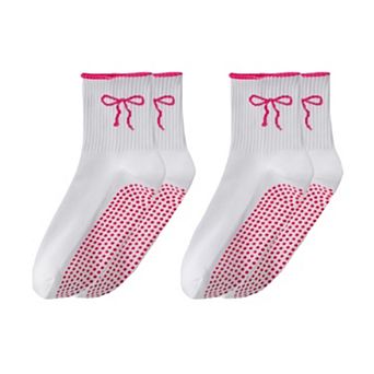 Women's 2-Pack Non-Slip Grip Socks with Bow Embroidery and Anti-Skid Dot Soles