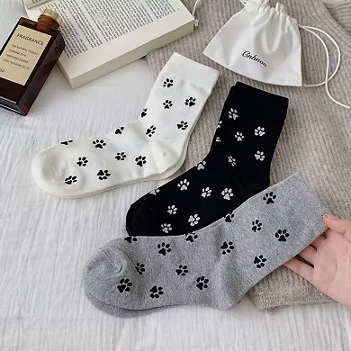 Women's 3-Pack Crew Socks with Allover Paw Print Pattern Soft Stretch Casual Sock Set