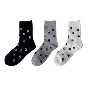 Women's 3-Pack Crew Socks with Allover Paw Print Pattern Soft Stretch Casual Sock Set