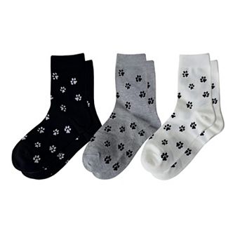 Women's 3-Pack Crew Socks with Allover Paw Print Pattern Soft Stretch Casual Sock Set