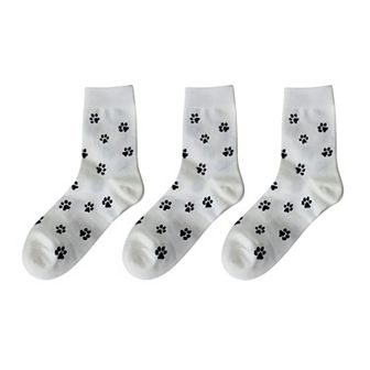 Women's 3-Pack Crew Socks with Allover Paw Print Pattern Soft Stretch Casual Sock Set