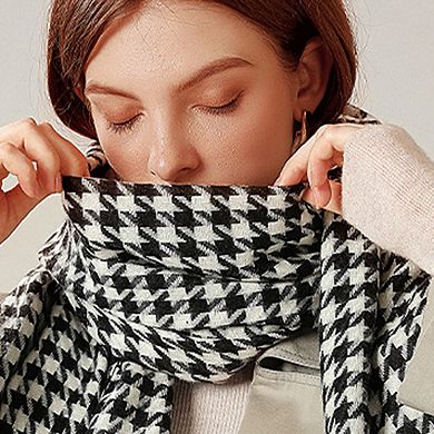 Women's Houndstooth Woven Scarf with Soft Cozy Fabric Classic Black and White Check and Fringe Trim
