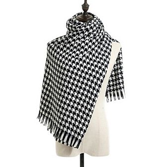 Women's Houndstooth Woven Scarf with Soft Cozy Fabric Classic Black and White Check and Fringe Trim