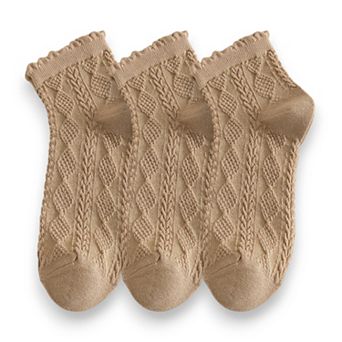 Women's 3 Pairs Textured Diamond Socks with Knitted Pattern and Scalloped Trim