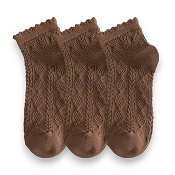 Women's 3 Pairs Textured Diamond Socks with Knitted Pattern and Scalloped Trim
