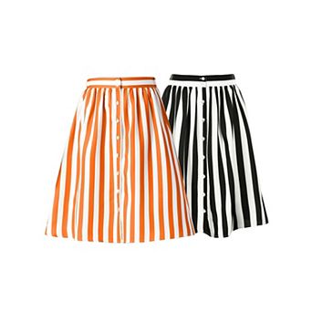 2 Packs Women's Stripes Button Front Elastic Back A Line Midi Skirt