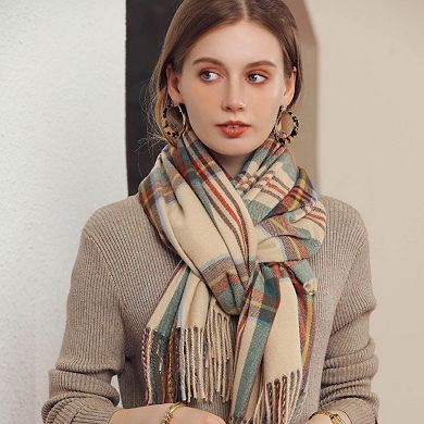 Women's Plaid Fringe Scarf with Soft Woven Fabric Classic Check Pattern and Cozy Wrap Design
