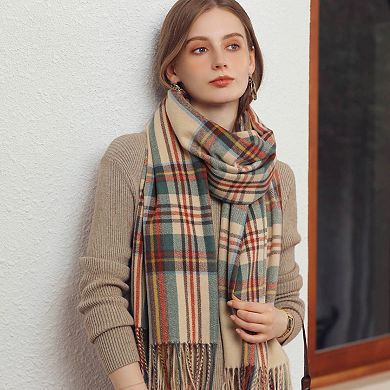 Women's Plaid Fringe Scarf with Soft Woven Fabric Classic Check Pattern and Cozy Wrap Design