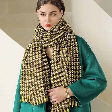 Women's Houndstooth Woven Scarf with Soft Cozy Fabric Classic Pattern and Fringe Trim Detailing