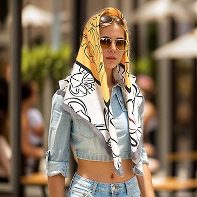 Women's Outlined Floral Print Square Scarf with Silky Fabric Lightweight Versatile Neck Accessory