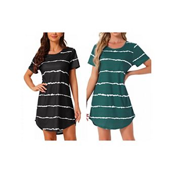 2 Packs Women's Round Neck Nightshirt Striped Short Sleeve Sleepshirt Nightgown