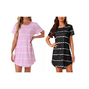 2 Packs Women's Round Neck Nightshirt Striped Short Sleeve Sleepshirt Nightgown