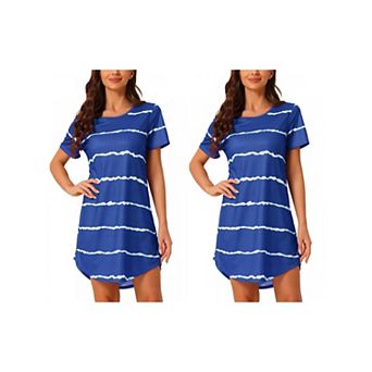 2 Packs Women's Round Neck Nightshirt Striped Short Sleeve Sleepshirt Nightgown