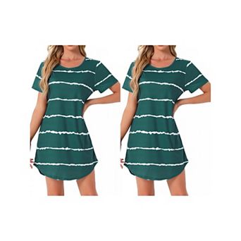 2 Packs Women's Round Neck Nightshirt Striped Short Sleeve Sleepshirt Nightgown