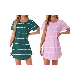2 Packs Women's Round Neck Nightshirt Striped Short Sleeve Sleepshirt Nightgown