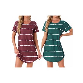 2 Packs Women's Round Neck Nightshirt Striped Short Sleeve Sleepshirt Nightgown