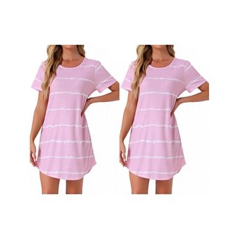 2 Packs Women's Round Neck Nightshirt Striped Short Sleeve Sleepshirt Nightgown