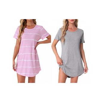 2 Packs Women's Round Neck Nightshirt Striped Short Sleeve Sleepshirt Nightgown