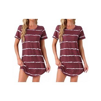 2 Packs Women's Round Neck Nightshirt Striped Short Sleeve Sleepshirt Nightgown