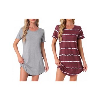 2 Packs Women's Round Neck Nightshirt Striped Short Sleeve Sleepshirt Nightgown