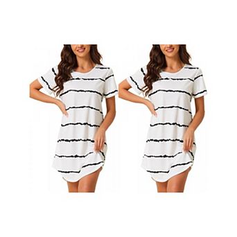 2 Packs Women's Round Neck Nightshirt Striped Short Sleeve Sleepshirt Nightgown