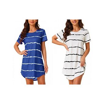 2 Packs Women's Round Neck Nightshirt Striped Short Sleeve Sleepshirt Nightgown