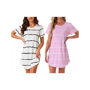 2 Packs Women's Round Neck Nightshirt Striped Short Sleeve Sleepshirt Nightgown