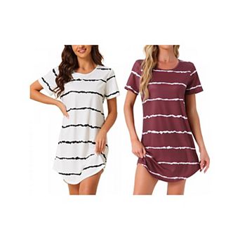 2 Packs Women's Round Neck Nightshirt Striped Short Sleeve Sleepshirt Nightgown