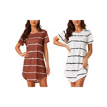 2 Packs Women's Round Neck Nightshirt Striped Short Sleeve Sleepshirt Nightgown