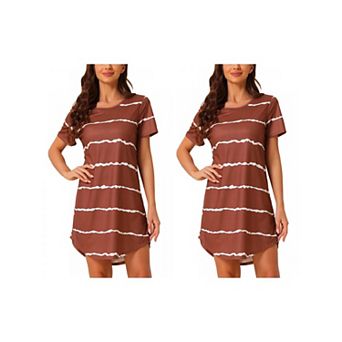 2 Packs Women's Round Neck Nightshirt Striped Short Sleeve Sleepshirt Nightgown