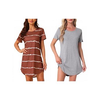 2 Packs Women's Round Neck Nightshirt Striped Short Sleeve Sleepshirt Nightgown