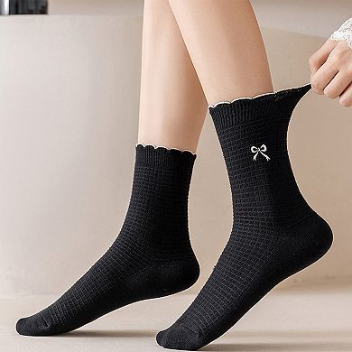 Women's 3 Pairs Knit Socks with Waffle Texture Bow Embroidery Ruffled Edge Ribbed Cuffs