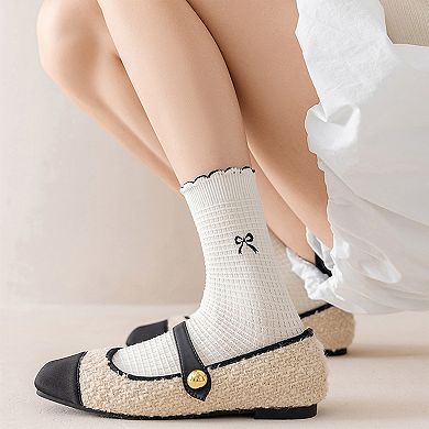 Women's 3 Pairs Knit Socks with Waffle Texture Bow Embroidery Ruffled Edge Ribbed Cuffs