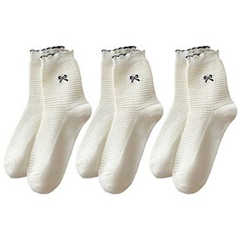 Women's 3 Pairs Knit Socks with Waffle Texture Bow Embroidery Ruffled Edge Ribbed Cuffs