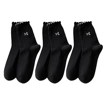 Women's 3 Pairs Knit Socks with Waffle Texture Bow Embroidery Ruffled Edge Ribbed Cuffs