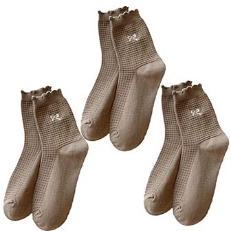 Women's 3 Pairs Knit Socks with Waffle Texture Bow Embroidery Ruffled Edge Ribbed Cuffs