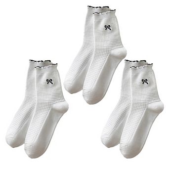 Women's 3 Pairs Knit Socks with Waffle Texture Bow Embroidery Ruffled Edge Ribbed Cuffs