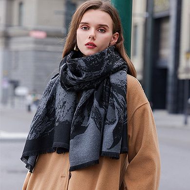 Women's Abstract Print Woven Scarf with Lightweight Fabric Modern Pattern and Frayed Edge Detailing