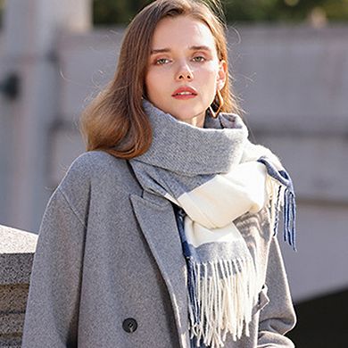 Women's Striped Woven Scarf with Soft Cozy Fabric Two-Tone Design and Fringe Trim Detailing