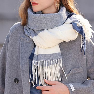 Women's Striped Woven Scarf with Soft Cozy Fabric Two-Tone Design and Fringe Trim Detailing