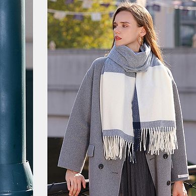 Women's Striped Woven Scarf with Soft Cozy Fabric Two-Tone Design and Fringe Trim Detailing