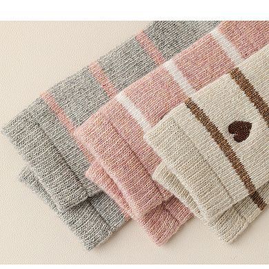 Women's 3 Pairs Knit Socks with Striped Pattern Heart Embroidery Ribbed Cuffs Soft Warm Fabric